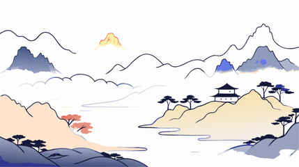 Serene Asian Landscape Painting: Mountains, Temple, River