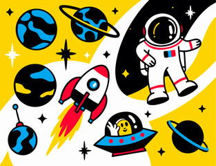 Cute Astronaut, Rocket, Planets & UFO: Space Cartoon Illustration