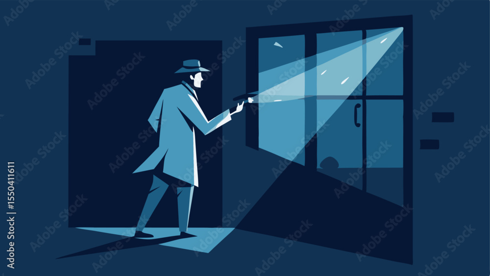 Aufkleber flashlight beam a detective using a flashlight to examine the inside of the room through the broken 
