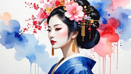 A graceful woman in traditional attire surrounded by blossoms symbolizing cultural heritage, grace, and the beauty of spring rituals