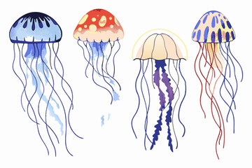 Four Watercolor Jellyfish Illustrations: Ocean Life, Marine Animal Art