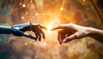 Human and robotic hands reaching toward each other symbolizing the fusion of technology and humanity, reflecting AI collaboration and future interaction