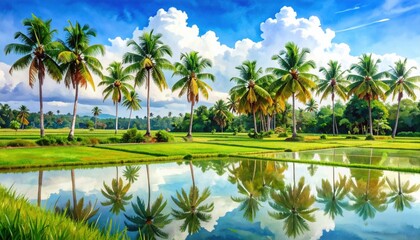 Fototapeta premium A tropical rice field with palm trees reflecting in the water symbolizing harmony, agriculture, and the serenity of rural island life