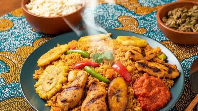 Delicious jollof rice with chicken and plantains a flavorful west african cuisine recipe dish meal video 4k