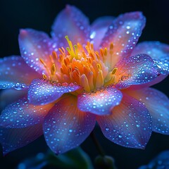 Vibrant close-up of a beautiful lotus flower with glistening water droplets against a dark background, showcasing nature's elegance and tranquility.