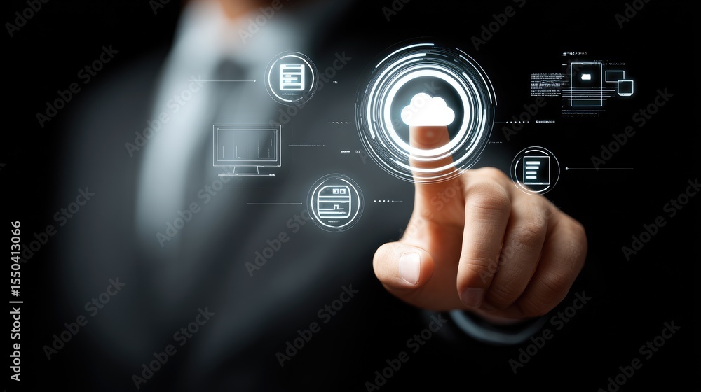 Poster cloud computing dashboard and data storage interface representing digital business