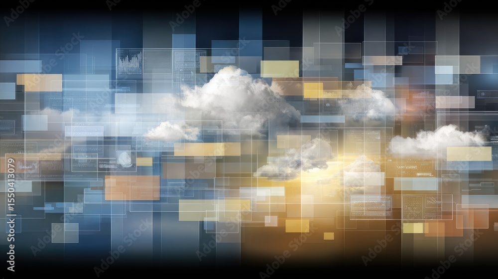Poster cloud computing dashboard and data storage interface representing digital business