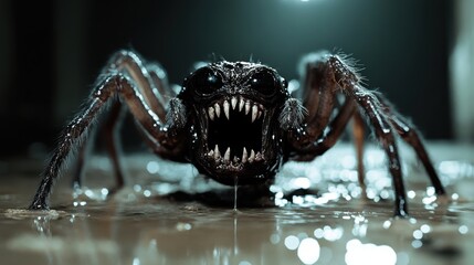 A close-up of a terrifying spider with sharp fangs and glistening body, emerging from darkness, embodying fears and evoking suspense in an eerie atmospheric setting.