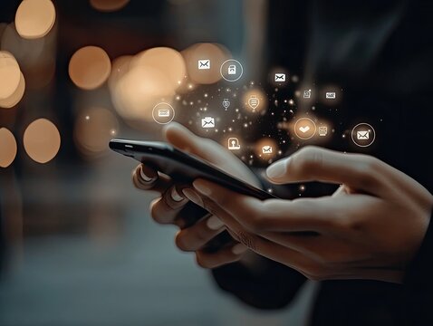 Hands holding a smartphone with digital icons overlayed