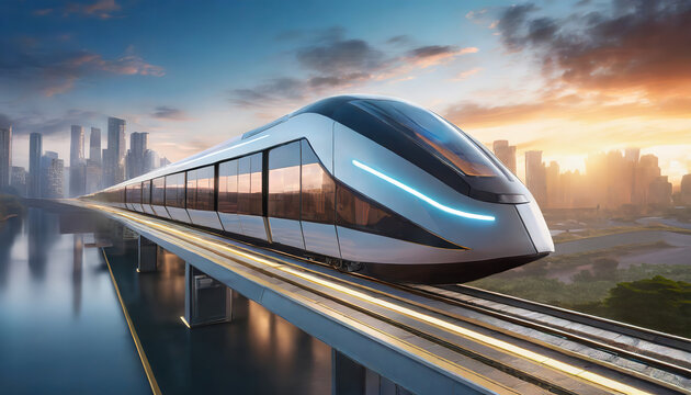 Futuristic high-speed train crossing elevated railway bridge at sunset near a city skyline
