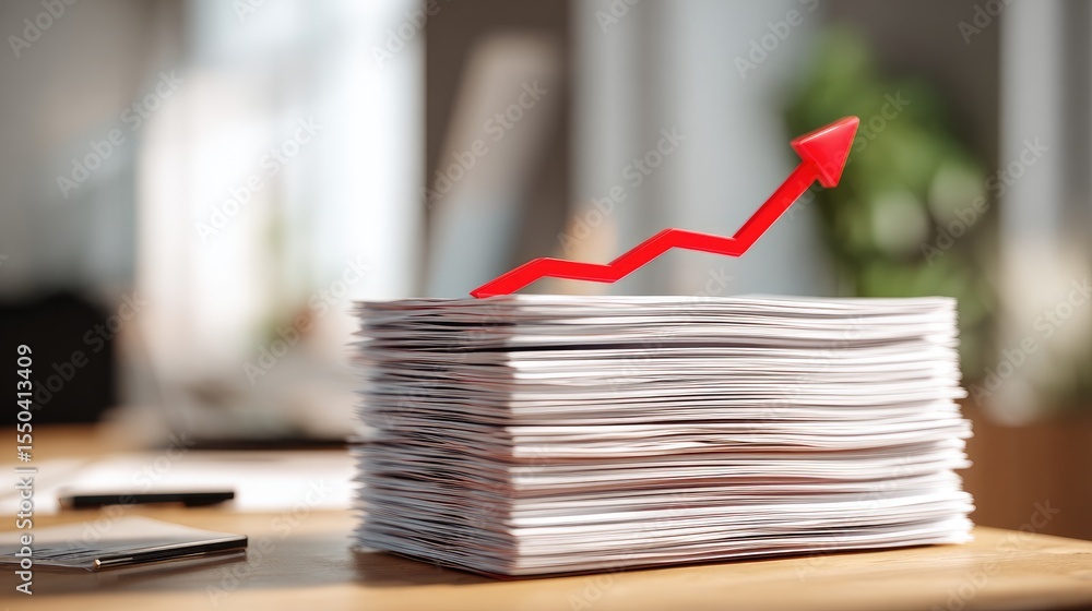 Poster corporate document stack with progress graph and upward trend overlay on clean desk