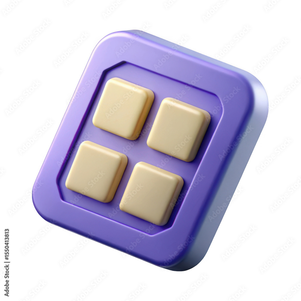 Poster 3d rendered purple control panel with four beige buttons isolated on transparent background