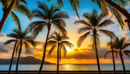 Palm trees silhouetted at tropical sunset representing travel escape, paradise, relaxation, and exotic coastal destinations