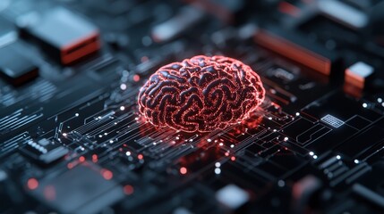 A striking illustration of a brain representing artificial intelligence, with glowing elements on a circuit board background, showcasing technology and cognition.