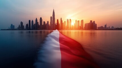 Fototapeta premium A breathtaking city skyline at sunset, showcasing the silhouette of skyscrapers with a large flag flowing over the water, symbolizing unity and pride.