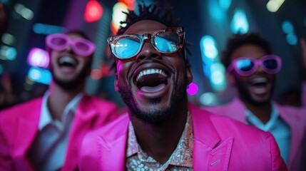 A group of stylish friends is joyfully celebrating under neon lights, showcasing dynamic energy and laughter in a vibrant urban nightlife scene filled with excitement.