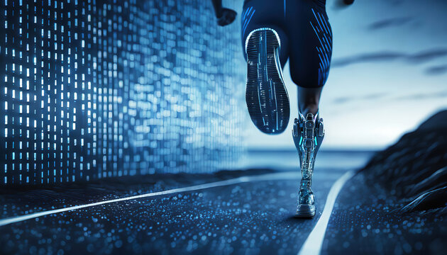Runner with futuristic prosthetic leg sprinting on high-tech road symbolizing strength and innovation
