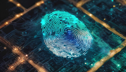Digital fingerprint scan glowing with neon blue hues on a futuristic circuit board interface indicating high-tech security access