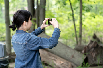 A teenager in a denim jacket photographs a serene forest scene with her phone, standing near fallen logs surrounded by lush greenery on a quiet day.