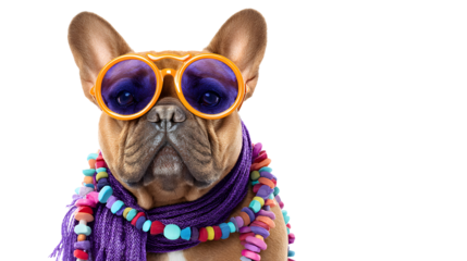 French Bulldog Dressed for a Party in Colorful Accessories