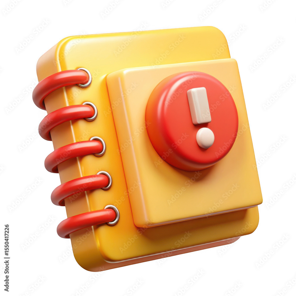 Poster 3d rendered spiral notebook with exclamation mark button isolated on transparent background