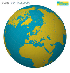 Vector globe centered on Central Europe. Features a cyan, lemon, and yellow palette. Includes world map with meridians, parallels, countries, rivers, and lakes. Captivating vector illustration.