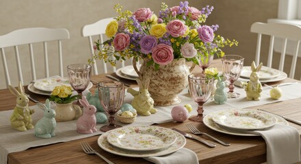 Fototapeta premium Pastel Easter Table Setting with Floral Centerpiece and Bunny Decor