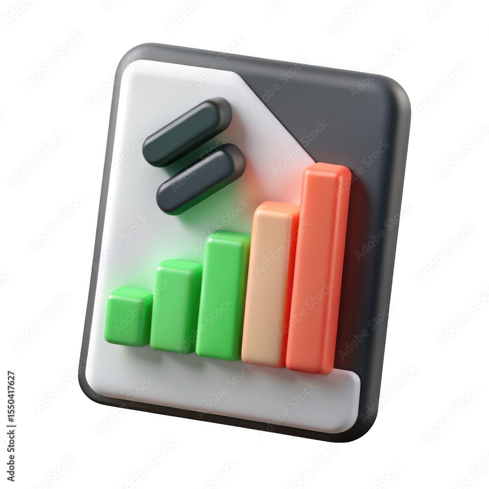 Poster 3d rendered data report icon increasing graph with file symbol isolated on transparent background