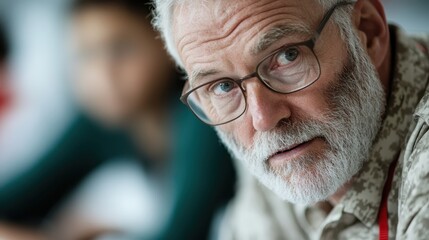 A thoughtful senior man with gray hair and glasses gazes into the distance, embodying wisdom and experience as he reflects during an engaging classroom discussion.