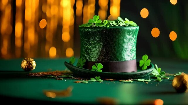 Festive green Leprechaun hat covered with shamrocks for St. Patrick's Day celebration on a green table background with sparkling lights.