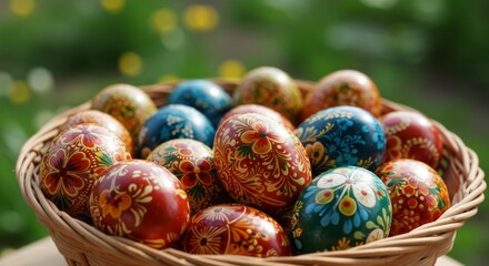 Fototapeta premium Colorful Painted Easter Eggs in Wicker Basket