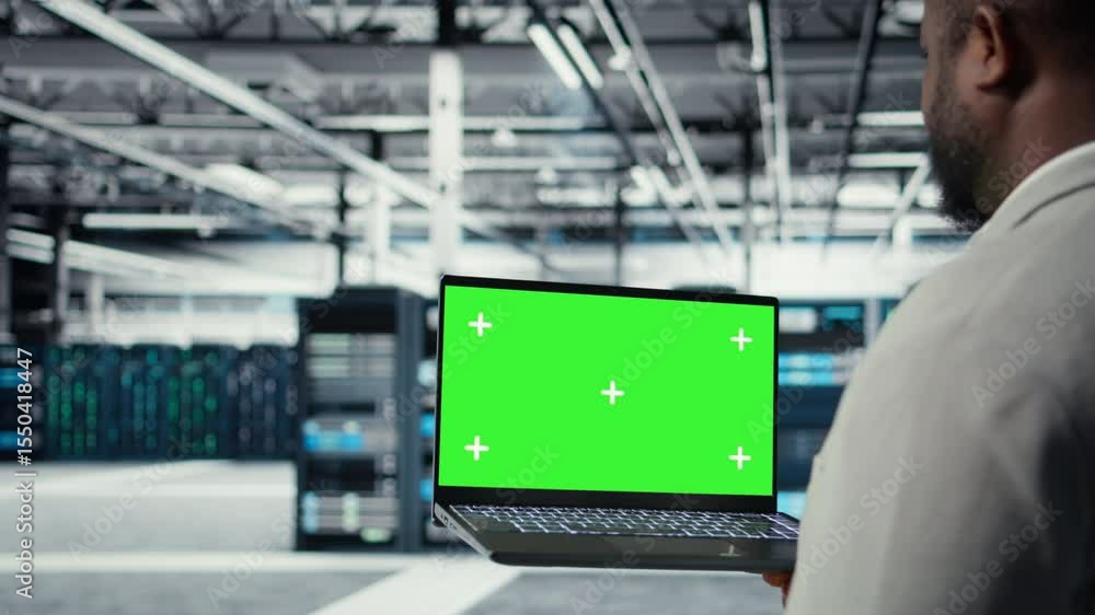 Poster close up of technician using green screen laptop in data center, managing server virtualization. it 