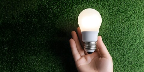 Eco-Friendly LED Light Bulb in Hand Green Background