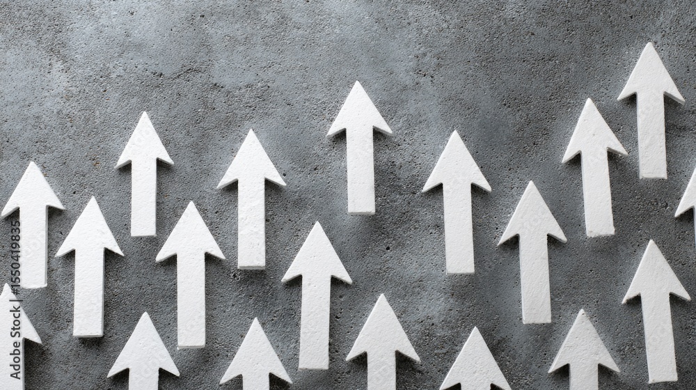 Poster group of upward arrows merging into one representing team-driven growth