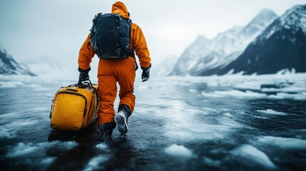 A determined adventurer strides confidently across a glaciated landscape, equipped for exploration and embodying the spirit of adventure and resilience in nature's harsh beauty.
