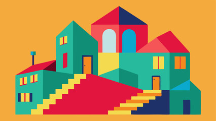 Endless Connections A vibrant illustration of a house with a multifaceted exterior where various staircases connect at odd angles leading up down and sideways. The staircases are