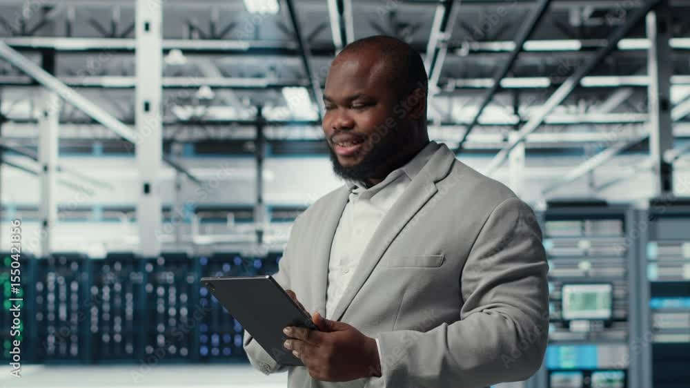 Poster engineer working in server farm using tablet to analyze data. it professional examining infrastructu