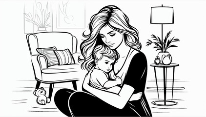 A black and white silhouette of a mother hugging and holding her little child in her house. Vector graphics. EPS.