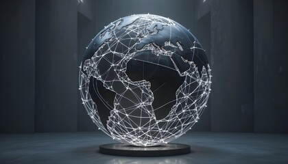 The Woven World: A luminous network physically connects continents on a minimalist globe, symbolizing seamless global commerce and communication.