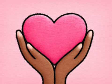 Hands gently cradling a large pink heart symbolizing love and compassion against a soft pastel background expressing emotional warmth and nurturing energy in a creative artistic style