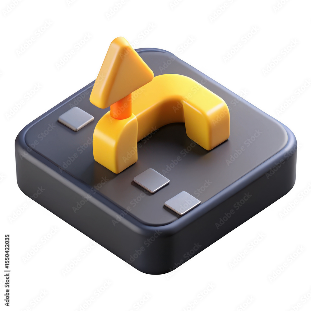 Poster 3d rendered isometric upload icon yellow arrow on dark grey platform isolated on transparent backgro
