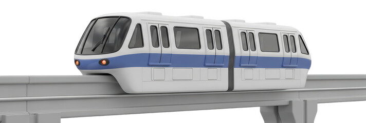 Modern White and Blue Monorail Train Moving on Elevated Track