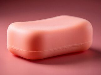 Minimalistic peach-colored soap bar lying on a warm-toned surface, with soft shadows and smooth texture, captured in close-up product photography.
