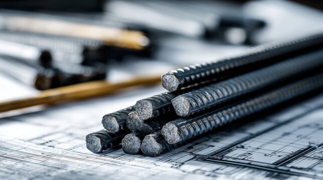Steel reinforcement bars organized on-site next to construction blueprints
