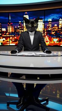 Chat pr&eacute;sentateur de journal t&eacute;l&eacute;vis&eacute; en studio