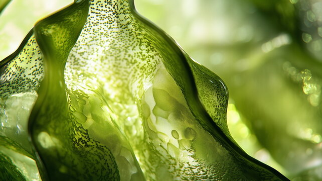 Highly detailed close-up of translucent green seaweed revealing cellular textures and internal light reflections in an abstract organic formation