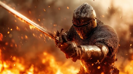 A fierce knight in armor wielding a sword, ready for battle amidst a fiery backdrop, capturing the essence of courage and valor during medieval times.