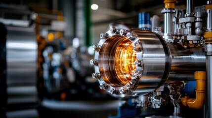 Obraz premium A close-up of advanced metallic machinery emphasizes the complexity and precision involved in modern industrial technology and innovation in engineering and design.