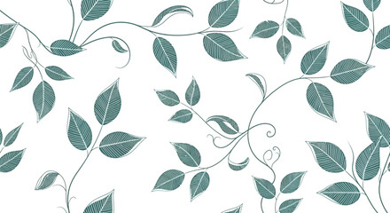 Elegant Teal Leaf Vine Seamless Pattern Botanical Illustration for Design Projects