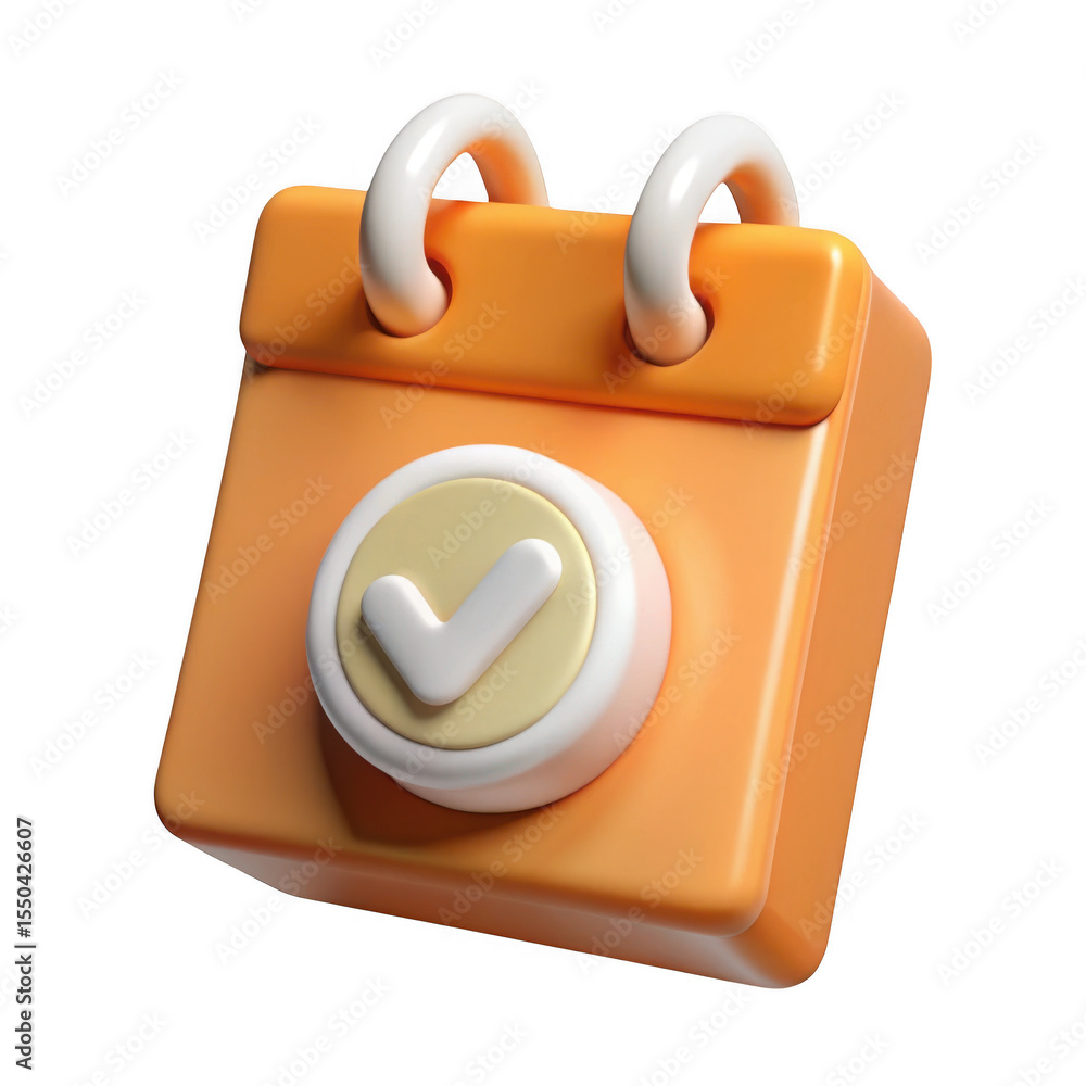 Poster 3d rendered orange calendar icon with checkmark isolated on transparent background